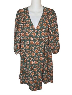 Topshop Maternity Nwot Boho Floral Wrap Mini Dress US 4 Teal Pink Puff Sleeve